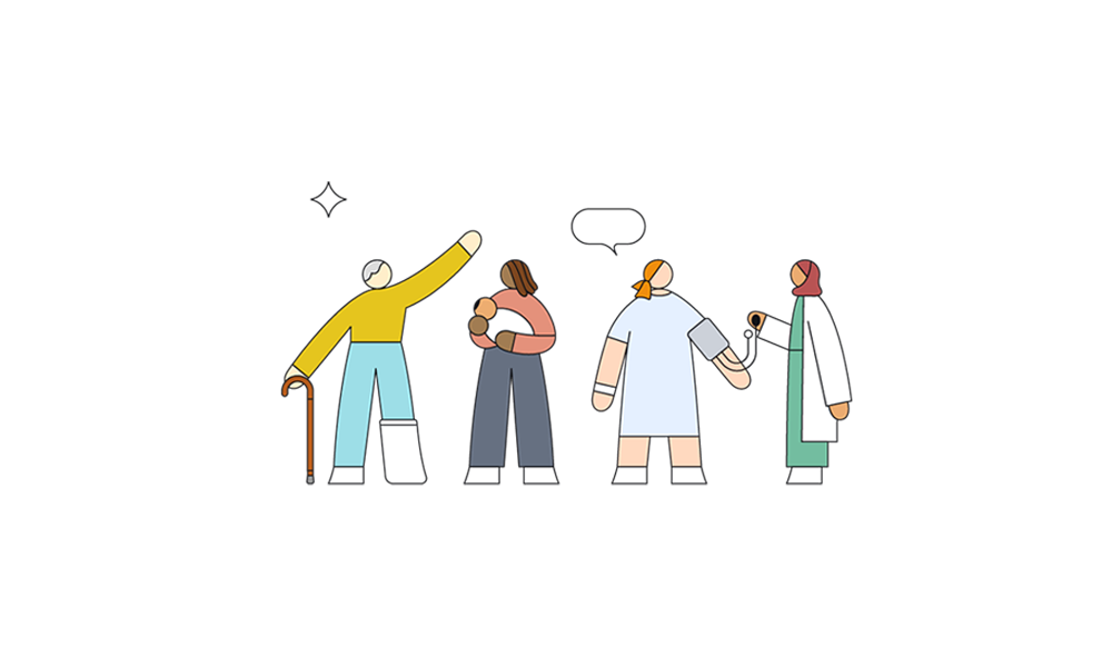 An illustration showing a group of patients and a doctor.
