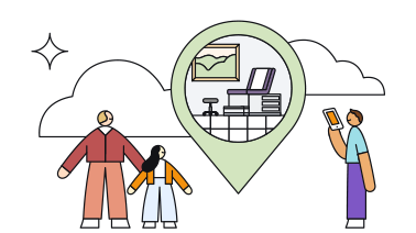 Illustration showing a father and daughter looking up at a map location pin.