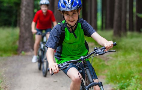 Boys ride bikes through the woods