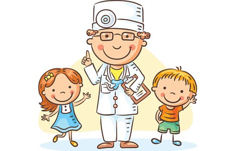 Cartoon pediatrician with child patients